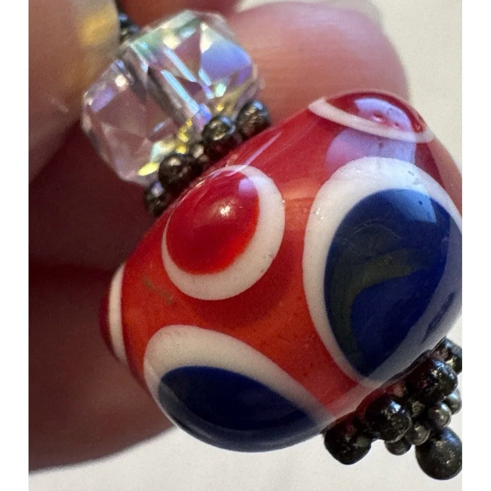 Lampwork Earrings Handmade Red White Blue Glass Bead Dangle Hooks Circle Dots